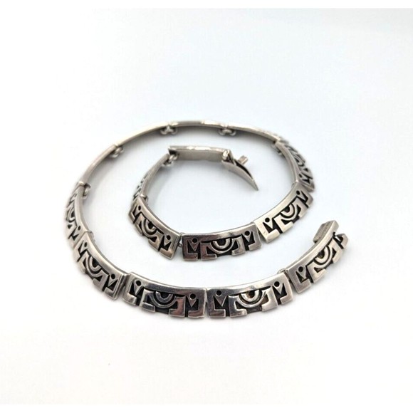 Vintage Taxco Mexico 925 Sterling Silver Ornate Panel Collar Necklace 74.9 gr